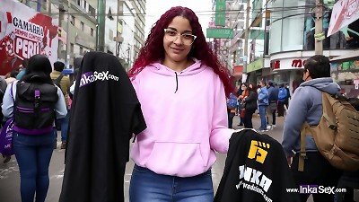 Redheaded polo t-shirt saleswoman caught on the streets of Gamarra-Lima, ends up being impregnated by older stranger