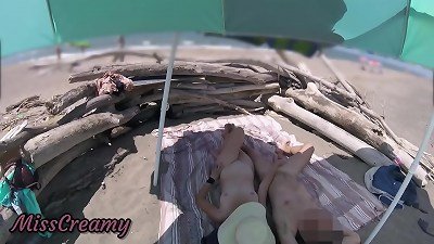 #2 Exhibitionist wifey Outdoor inexperienced milf hand job enormous manmeat on nudity Beach public in front of voyeur with cumshot - MissCreamy
