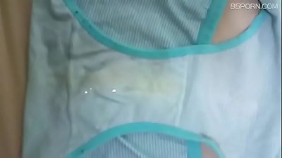 Make my sister's blue striped panties messy