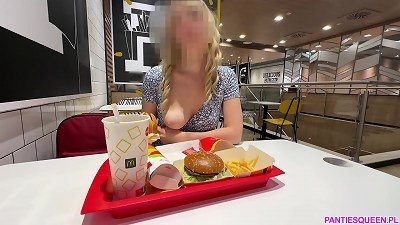 scorching platinum-blonde displays and milks fat pumped gash in public restaurant