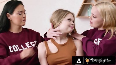 MOMMY'S female - small platinum-blonde Coco Lovelock pounds Her Overly Invested Stepmoms In Her new dorm room