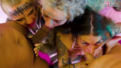 heavily tatted babes Share big black cock & white pecker in group Mayhem
