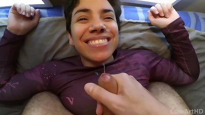Quickie on the bed with wasted cum-shot