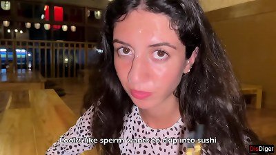 I cum on a girl's face in Public Sushi Bar and she gobbles rolls with cum on her face - Cumwalk