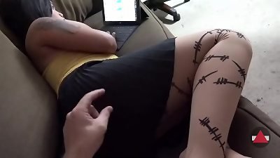 Barbed string stocking Footjob money-shot
