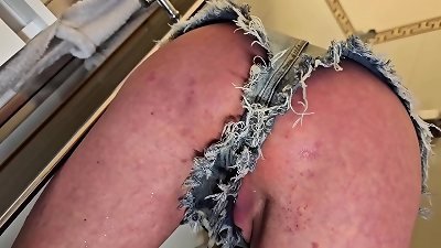 Desperate urinate in my denim shorts next He pee on My booty